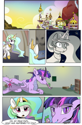 Size: 1800x2740 | Tagged: safe, artist:candyclumsy, princess celestia, spike, twilight sparkle, twilight sparkle (alicorn), alicorn, dragon, pony, comic:celestia's cronenberg, canterlot, canterlot castle, comic, commissioner:bigonionbean, dialogue, dragon eyes, dragoness, dragonified, female, hug, jewelry, mama twilight, regalia, shocked, smoke, snorting, species swap, transformation, twilidragon, writer:bigonionbean