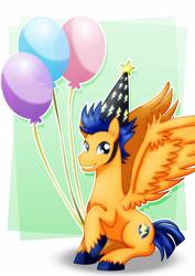 Size: 1600x2263 | Tagged: safe, artist:jotakaanimation, flash sentry, pegasus, pony, abstract background, balloon, happy birthday, hat, male, party hat, solo, stallion, unshorn fetlocks