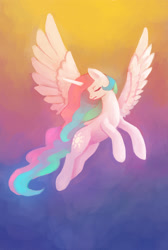 Size: 808x1200 | Tagged: safe, artist:asimos, artist:maytee, princess celestia, alicorn, pony, eyes closed, female, flying, gradient background, mare, solo, spread wings, wings