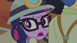 Size: 1280x720 | Tagged: safe, screencap, flash sentry, sci-twi, twilight sparkle, better together, equestria girls, opening night, glasses, hat, headlamp