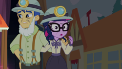 Size: 1280x720 | Tagged: safe, screencap, flash sentry, sci-twi, twilight sparkle, better together, equestria girls, opening night, opening night: twilight sparkle, couple, fake beard, glasses, hat, headlamp, helmet, miner, mining helmet, school play, suspenders