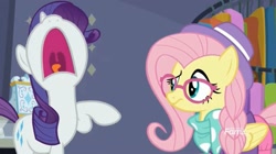 Size: 1663x929 | Tagged: safe, screencap, fluttershy, rarity, pegasus, pony, unicorn, fake it 'til you make it, hipstershy, nose in the air, rarity for you, volumetric mouth