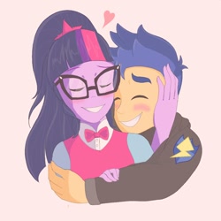 Size: 1000x1000 | Tagged: safe, artist:jemmyzha, flash sentry, sci-twi, twilight sparkle, equestria girls, blushing, bowtie, clothes, cute, diasentres, duo, eyes closed, female, flashlight, glasses, heart, hoodie, hug, male, sciflash, shipping, smiling, straight, twiabetes