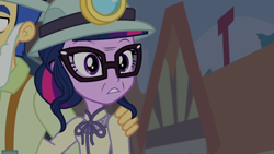 Size: 1280x720 | Tagged: safe, screencap, flash sentry, sci-twi, twilight sparkle, better together, equestria girls, opening night, opening night: twilight sparkle, clothes, costume