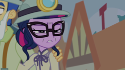 Size: 1280x720 | Tagged: safe, screencap, flash sentry, sci-twi, twilight sparkle, better together, equestria girls, opening night, opening night: twilight sparkle, clothes, costume, glasses