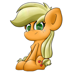 Size: 2971x3073 | Tagged: safe, artist:machstyle, applejack, earth pony, pony, chibi, female, green eyes, looking at you, mare, missing accessory, simple background, smiling, solo, white background