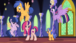 Size: 1024x576 | Tagged: safe, artist:pugasart, flash sentry, twilight sparkle, twilight sparkle (alicorn), oc, oc:moonflower, oc:starspark, oc:sunny lights, alicorn, pegasus, pony, unicorn, base used, colt, family, female, filly, flashlight, flying, male, offspring, parent:flash sentry, parent:twilight sparkle, parents:flashlight, shipping, straight, twilight's castle