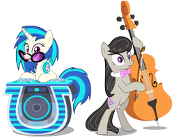 Size: 5000x3974 | Tagged: safe, artist:mrlolcats17, dj pon-3, octavia melody, vinyl scratch, earth pony, pony, unicorn, bipedal, bowtie, cello, cutie mark, female, hooves, horn, mare, mixing console, musical instrument, open mouth, simple background, sunglasses, transparent background, vector