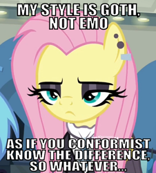 Size: 468x518 | Tagged: safe, edit, edited screencap, screencap, fluttershy, pegasus, pony, fake it 'til you make it, cropped, fluttergoth, goth, lidded eyes, solo, south park