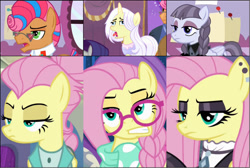 Size: 1200x804 | Tagged: safe, screencap, fluttershy, inky rose, lily lace, rarity, starstreak, pegasus, pony, unicorn, fake it 'til you make it, honest apple, clothes, comparison, cropped, fluttergoth, hipstershy, severeshy