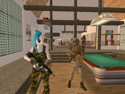 Size: 800x600 | Tagged: safe, dj pon-3, vinyl scratch, anthro, ghoul, human, unicorn, 3d, camouflage, fallout: new vegas, female, gun, horn, kuroitsune, male, optical sight, pipboy, pool table, rifle, sniper rifle, weapon