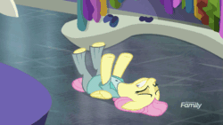 Size: 883x497 | Tagged: safe, screencap, fluttershy, pegasus, pony, fake it 'til you make it, animated, breathing, clothes, eyes closed, female, floppy ears, freakout, gif, gritted teeth, legs in air, mare, nervous, on back, open mouth, panting, severeshy, solo