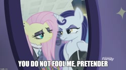 Size: 888x499 | Tagged: safe, edit, edited screencap, screencap, fluttershy, moonlight raven, pegasus, pony, unicorn, fake it 'til you make it, eyeshadow, fluttergoth, goth, hoof hold, makeup, meme, unamused