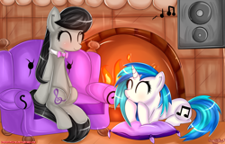 Size: 2164x1387 | Tagged: safe, artist:vixelzf, dj pon-3, octavia melody, vinyl scratch, earth pony, pony, blushing, chair, cute, eyes closed, fireplace, music, music notes, pillow, sitting, smiling, sofa, speakers, subwoofer