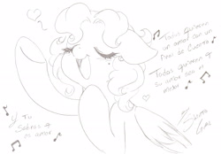 Size: 2518x1755 | Tagged: safe, artist:shinta-girl, oc, oc only, oc:shinta pony, monochrome, singing, sketch, solo, spanish