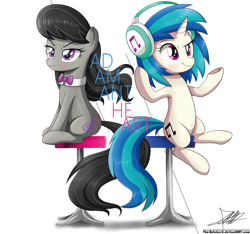 Size: 1685x1574 | Tagged: safe, artist:the-butch-x, dj pon-3, octavia melody, vinyl scratch, earth pony, pony, unicorn, belly button, bow, bowtie, cute, female, headphones, mare, signature, sitting, smiling, smirk, stool, unamused, underhoof