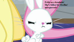 Size: 1280x720 | Tagged: safe, edit, edited screencap, screencap, angel bunny, fluttershy, pegasus, pony, school daze, implied ocellus, lapine, text, watership down