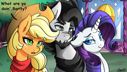 Size: 4000x2250 | Tagged: safe, artist:ciderpunk, applejack, rarity, oc, oc:coldbrewcoffee, earth pony, pony, unicorn, bandana, beard, boutique, colored pupils, confused, facial hair, female, male, mare, stallion