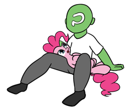 Size: 1135x960 | Tagged: safe, artist:neuro, pinkie pie, oc, oc:anon, earth pony, human, pony, duo, female, human on pony petting, looking up, mare, on back, petting, simple background, sitting, transparent background