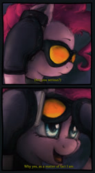 Size: 1085x1960 | Tagged: safe, artist:plotcore, pinkie pie, earth pony, pony, clothes, comic, cute, dialogue, female, frown, gloves, goggles, hoof hold, looking up, mare, open mouth, phone, serious, serious sam, smiling