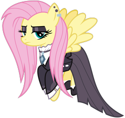 Size: 3400x3200 | Tagged: safe, artist:cheezedoodle96, fluttershy, pegasus, pony, fake it 'til you make it, .svg available, alternate hairstyle, clothes, ear piercing, earring, eyeshadow, female, fluttergoth, flying, goth, jacket, jewel, jewelry, lidded eyes, looking at you, makeup, mare, necklace, piercing, ruffled shirt, simple background, slippers, solo, spread wings, svg, transparent background, vector, wings