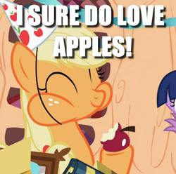 Size: 482x478 | Tagged: safe, edit, edited screencap, screencap, applejack, earth pony, pony, secret of my excess, apple, cropped, cute, eating, food, hat, image macro, jackabetes, meme, party hat, solo, that pony sure does love apples