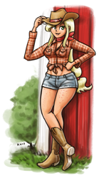 Size: 733x1280 | Tagged: safe, artist:king-kakapo, applejack, human, belly button, body freckles, boots, clothes, cowboy hat, daisy dukes, female, freckles, front knot midriff, hat, hat tip, humanized, midriff, plaid, scarf, shirt, shorts, solo, stetson