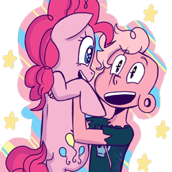 Size: 1000x1000 | Tagged: safe, artist:sketchylicious66, pinkie pie, human, pony, spoiler:steven universe, crossover, heart eyes, holding a pony, lars barriga, open mouth, simple background, smiling, spoilers for another series, starry eyes, steven universe, transparent background, wingding eyes