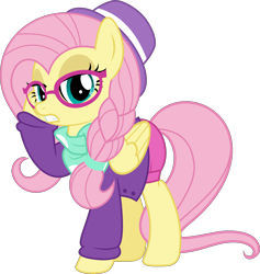 Size: 5010x5292 | Tagged: safe, artist:jhayarr23, fluttershy, pegasus, pony, fake it 'til you make it, absurd resolution, braid, clothes, female, glasses, hipstershy, hot pants, mare, raised hoof, simple background, solo, transparent background, vector