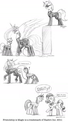 Size: 901x1608 | Tagged: safe, artist:baron engel, princess celestia, princess luna, rarity, twilight sparkle, unicorn twilight, oc, oc:petina, alicorn, pony, unicorn, 2012, butt, butt shake, catsuit, exclamation point, eyes closed, female, floppy ears, goggles, grayscale, grin, latex, latex suit, mare, monochrome, open mouth, pencil drawing, plot, princess, raised leg, shocked, skinsuit, smiling, sunglasses, traditional art, wide eyes