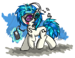 Size: 1108x864 | Tagged: safe, artist:flutterthrash, dj pon-3, vinyl scratch, pony, unicorn, headphones, ipod, mp3 player, music, music notes, music player, solo