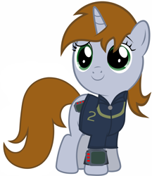 Size: 6039x7000 | Tagged: safe, artist:aborrozakale, oc, oc only, oc:littlepip, pony, unicorn, fallout equestria, absurd resolution, clothes, fanfic, fanfic art, female, filly, hooves, horn, pipbuck, simple background, smiling, solo, vault suit, white background, younger