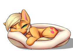 Size: 2550x1800 | Tagged: safe, artist:captainpudgemuffin, applejack, earth pony, pony, alternate hairstyle, applecat, behaving like a cat, collar, commission, cute, implied lesbian, implied rarijack, implied shipping, jackabetes, looking at you, pet bed, pixie cut, solo