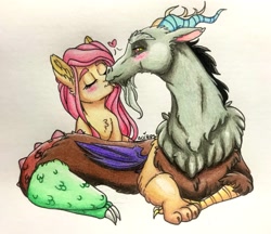 Size: 2813x2429 | Tagged: safe, artist:ameliacostanza, discord, fluttershy, pegasus, pony, discoshy, female, kissing, male, shipping, straight, traditional art