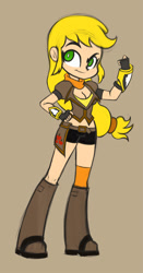 Size: 615x1177 | Tagged: safe, artist:khuzang, applejack, human, appleyang, breasts, brown background, cleavage, clothes, crossover, ember celica, female, fingerless gloves, gloves, humanized, midriff, rwby, simple background, solo, yang xiao long