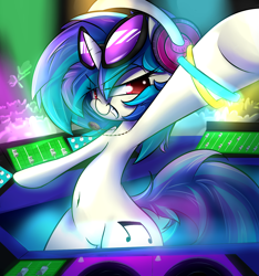 Size: 1280x1365 | Tagged: safe, artist:madacon, dj pon-3, vinyl scratch, pony, unicorn, belly button, glowstick, turntable