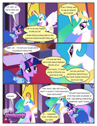 Size: 612x792 | Tagged: safe, artist:newbiespud, edit, edited screencap, screencap, princess celestia, twilight sparkle, unicorn twilight, alicorn, pony, unicorn, comic:friendship is dragons, clothes, comic, dialogue, dress, ethereal mane, female, gala dress, grin, looking up, mare, onomatopoeia, screencap comic, smiling