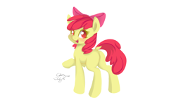 Size: 2200x1400 | Tagged: safe, artist:xcopyen002, apple bloom, earth pony, pony, blank flank, bloom butt, blushing, bow, butt, dock, female, filly, foal, hair bow, happy, looking at you, looking back, looking back at you, one hoof raised, plot, raised hoof, signature, simple background, smiling, smiling at you, solo, standing, white background