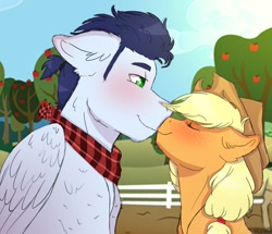 Size: 1180x1013 | Tagged: safe, artist:artistcoolpony, applejack, soarin', earth pony, pony, apple tree, bandana, blushing, crack shipping, eyes closed, female, floppy ears, male, nuzzling, shipping, smiling, soarinjack, straight