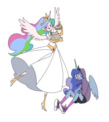 Size: 1280x1440 | Tagged: safe, artist:bartolomeus_, princess celestia, princess luna, equestria girls, bandage, clothes, converse, cute, dress, duo, duo female, equestria girls-ified, female, food, high heels, hoodie, horn, looking at you, majestic as fuck, no pupils, paper bag, sandwich, shoes, sneakers, tongue out, wings