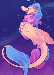 Size: 638x880 | Tagged: safe, artist:bananasmores, pinkie pie, princess skystar, seapony (g4), my little pony: the movie, bubble, duo, female, hug, lesbian, seaponified, seapony pinkie pie, shipping, skypie, species swap, swimming, underwater