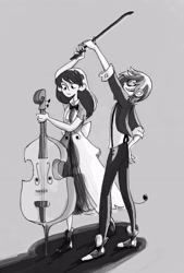 Size: 2448x3612 | Tagged: safe, artist:thedodobirdsong, dj pon-3, octavia melody, vinyl scratch, human, cello, converse, humanized, monochrome, musical instrument