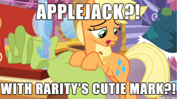 Size: 610x343 | Tagged: safe, edit, edited screencap, screencap, applejack, earth pony, pony, magical mystery cure, background pony strikes again, critical research failure, image macro, meme, op is a slowpoke, solo, swapped cutie marks