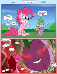 Size: 2550x3300 | Tagged: safe, artist:loreto-arts, pinkie pie, spike, dragon, earth pony, pony, 2 panel comic, alcohol, big head, comic, cross-popping veins, female, floppy ears, glowing eyes, glowing eyes of doom, growth, male, mare, nervous sweat, pun, rage, red eyes take warning, spiked drink, sweat, this will end in death, tranquil fury, umbrella drink, winged spike