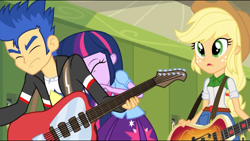 Size: 1278x720 | Tagged: safe, screencap, applejack, flash sentry, twilight sparkle, twilight sparkle (alicorn), alicorn, equestria girls, rainbow rocks, applejack's hat, bass guitar, clothes, cowboy hat, eyes closed, female, freckles, guitar, hat, jacket, male, musical instrument, skirt, stetson