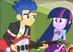 Size: 999x720 | Tagged: safe, screencap, flash sentry, twilight sparkle, twilight sparkle (alicorn), alicorn, equestria girls, rainbow rocks, clothes, cropped, female, guitar, jacket, male, skirt