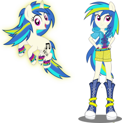 Size: 2630x2652 | Tagged: safe, artist:xebck, dj pon-3, vinyl scratch, pony, unicorn, equestria girls, rainbow rocks, converse, cutie mark, female, hooves, horn, humanized, mare, open mouth, ponied up, rainbow power, rainbow power-ified, self ponidox, simple background, smiling, solo, transparent background, vector