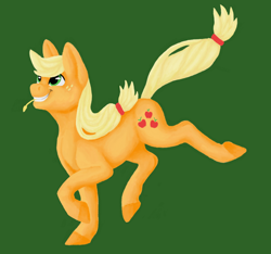 Size: 1024x957 | Tagged: safe, artist:believeinshadows, applejack, earth pony, pony, grin, hatless, hay stalk, missing accessory, mouth hold, simple background, smiling, solo, straw in mouth