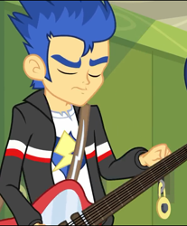 Size: 596x720 | Tagged: safe, screencap, flash sentry, equestria girls, rainbow rocks, clothes, cropped, electric guitar, eyes closed, flash sentry is not amused, guitar, jacket, male, unamused