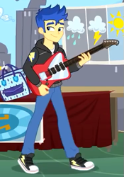 Size: 373x534 | Tagged: safe, screencap, flash sentry, best trends forever, better together, equestria girls, clothes, converse, cropped, electric guitar, guitar, hoodie, male, pants, shoes, smiling, sneakers, solo